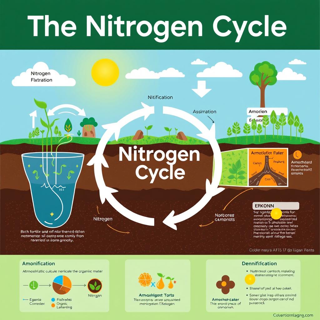 A detailed and educational illustration of the nitrogen cycle, showcasing the processes of nitrogen fixation, nitrification, assimilation, ammonification, and denitrification