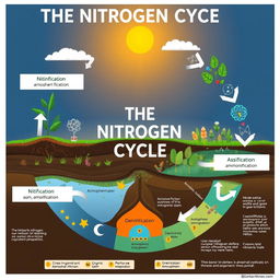 A detailed and educational illustration of the nitrogen cycle, showcasing the processes of nitrogen fixation, nitrification, assimilation, ammonification, and denitrification