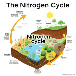 A detailed and educational illustration of the nitrogen cycle, showcasing the processes of nitrogen fixation, nitrification, assimilation, ammonification, and denitrification
