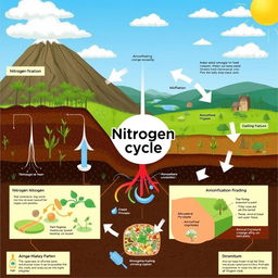 A detailed and educational illustration of the nitrogen cycle, showcasing the processes of nitrogen fixation, nitrification, assimilation, ammonification, and denitrification