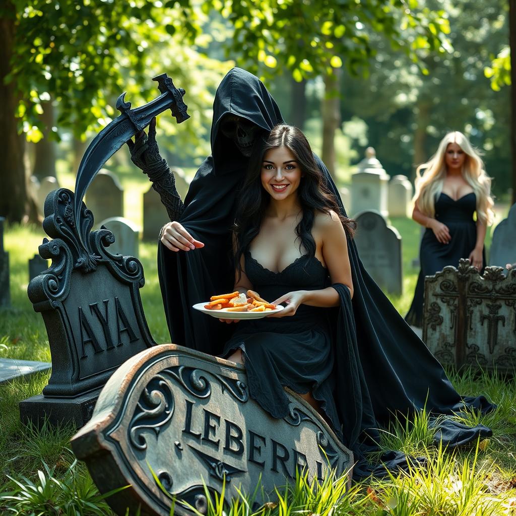 A beautifully innocent dark haired woman with striking crystal blue eyes is sitting gracefully on an ornate tombstone in a quiet cemetery