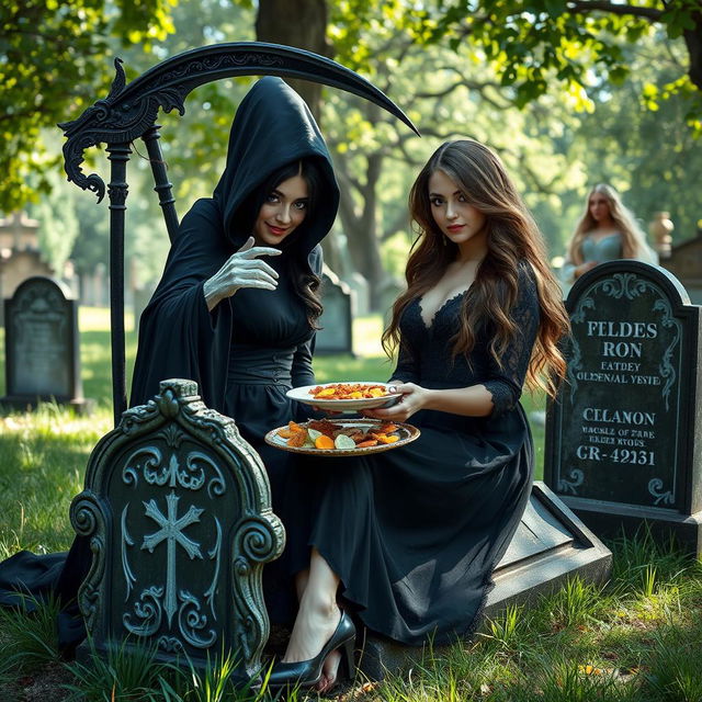 A beautifully innocent dark haired woman with striking crystal blue eyes is sitting gracefully on an ornate tombstone in a quiet cemetery