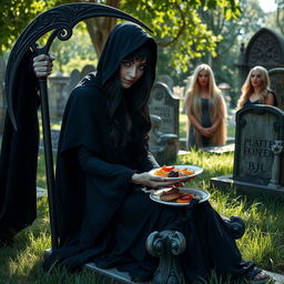 A beautifully innocent dark haired woman with striking crystal blue eyes is sitting gracefully on an ornate tombstone in a quiet cemetery