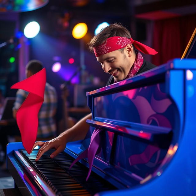 A man wearing a red bandana and a flowing purple sash passionately playing a vibrant blue piano