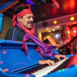 A man wearing a red bandana and a flowing purple sash passionately playing a vibrant blue piano