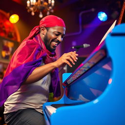 A man wearing a red bandana and a flowing purple sash passionately playing a vibrant blue piano