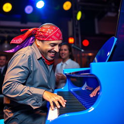 A man wearing a red bandana and a flowing purple sash passionately playing a vibrant blue piano