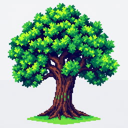 A highly detailed pixel art tree designed in a 64x64 pixel canvas, featuring vibrant greens for the leaves, rich brown for the trunk, and intricate pixel detailing that gives a sense of depth and texture