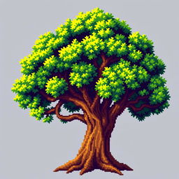 A highly detailed pixel art tree designed in a 64x64 pixel canvas, featuring vibrant greens for the leaves, rich brown for the trunk, and intricate pixel detailing that gives a sense of depth and texture