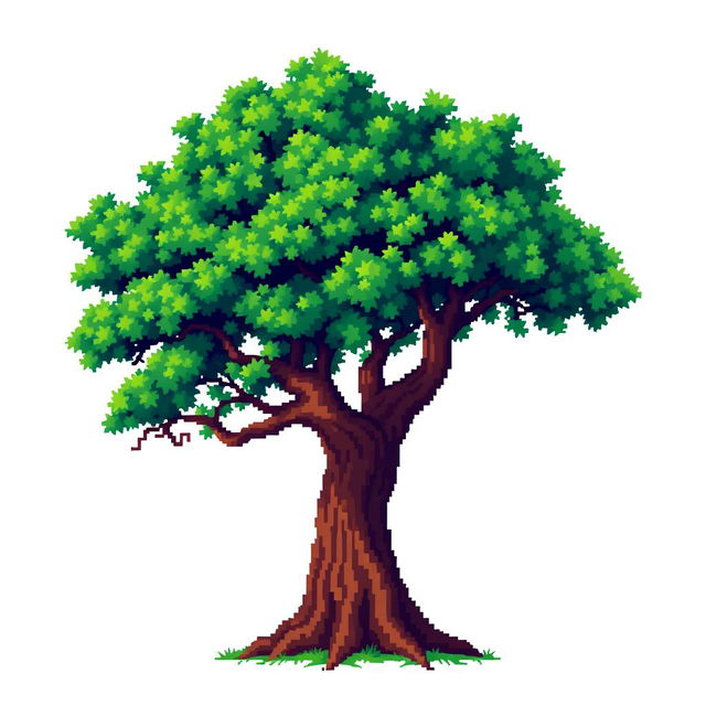 A highly detailed pixel art tree designed in a 64x64 pixel canvas, featuring vibrant greens for the leaves, rich brown for the trunk, and intricate pixel detailing that gives a sense of depth and texture