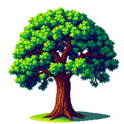A highly detailed pixel art tree designed in a 64x64 pixel canvas, featuring vibrant greens for the leaves, rich brown for the trunk, and intricate pixel detailing that gives a sense of depth and texture