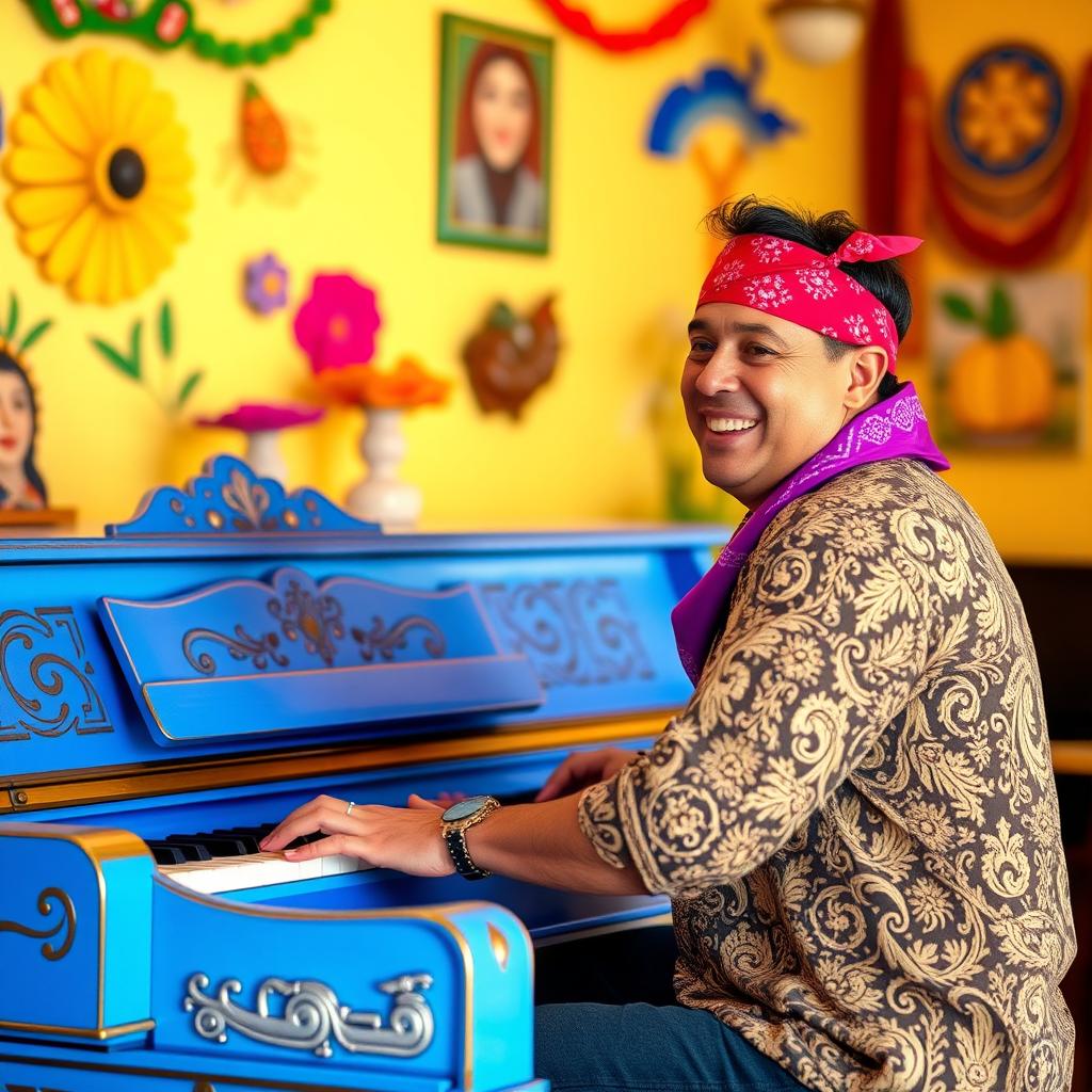 A Mexican man wearing a red bandana and a vibrant purple sash, energetically playing a beautiful blue piano