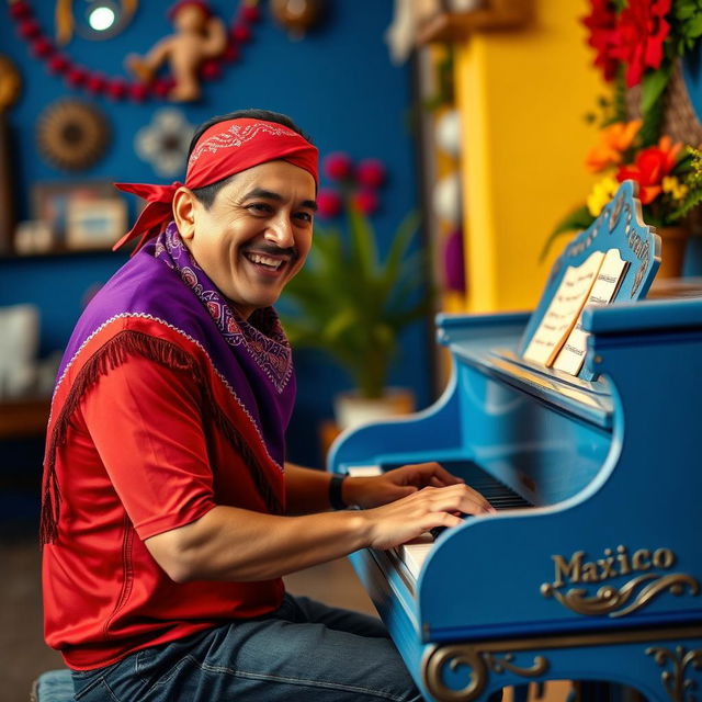 A Mexican man wearing a red bandana and a vibrant purple sash, energetically playing a beautiful blue piano