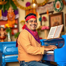 A Mexican man wearing a red bandana and a vibrant purple sash, energetically playing a beautiful blue piano