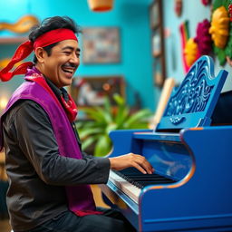 A Mexican man wearing a red bandana and a vibrant purple sash, energetically playing a beautiful blue piano