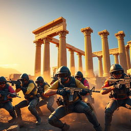 A vibrant scene depicting a group of PUBG players intensely engaged in combat, set against the majestic ruins of Persepolis, Iran
