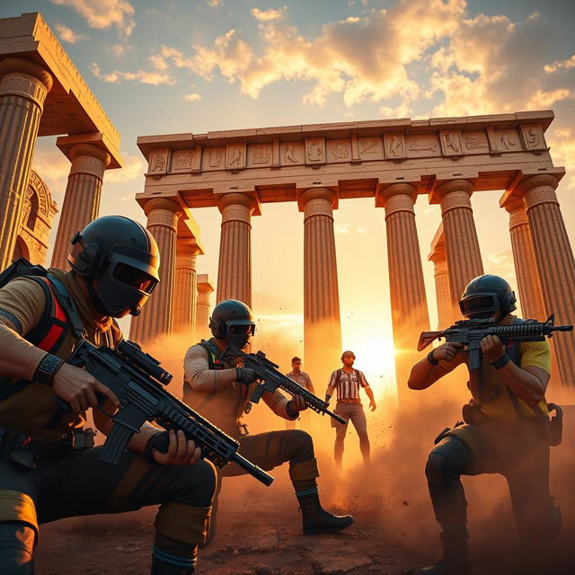 A vibrant scene depicting a group of PUBG players intensely engaged in combat, set against the majestic ruins of Persepolis, Iran