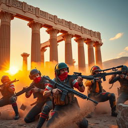 A vibrant scene depicting a group of PUBG players intensely engaged in combat, set against the majestic ruins of Persepolis, Iran