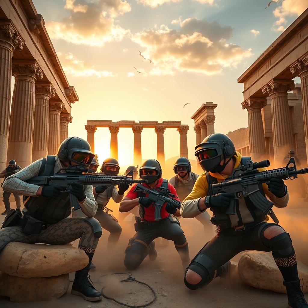 A vibrant scene depicting a group of PUBG players intensely engaged in combat, set against the majestic ruins of Persepolis, Iran