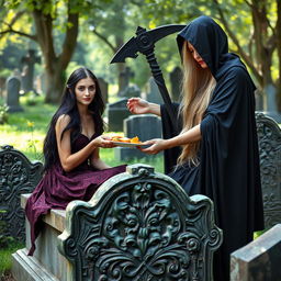 A beautiful, innocent dark-haired woman with striking crystal blue eyes is sitting gracefully on an intricately carved tombstone in a tranquil cemetery
