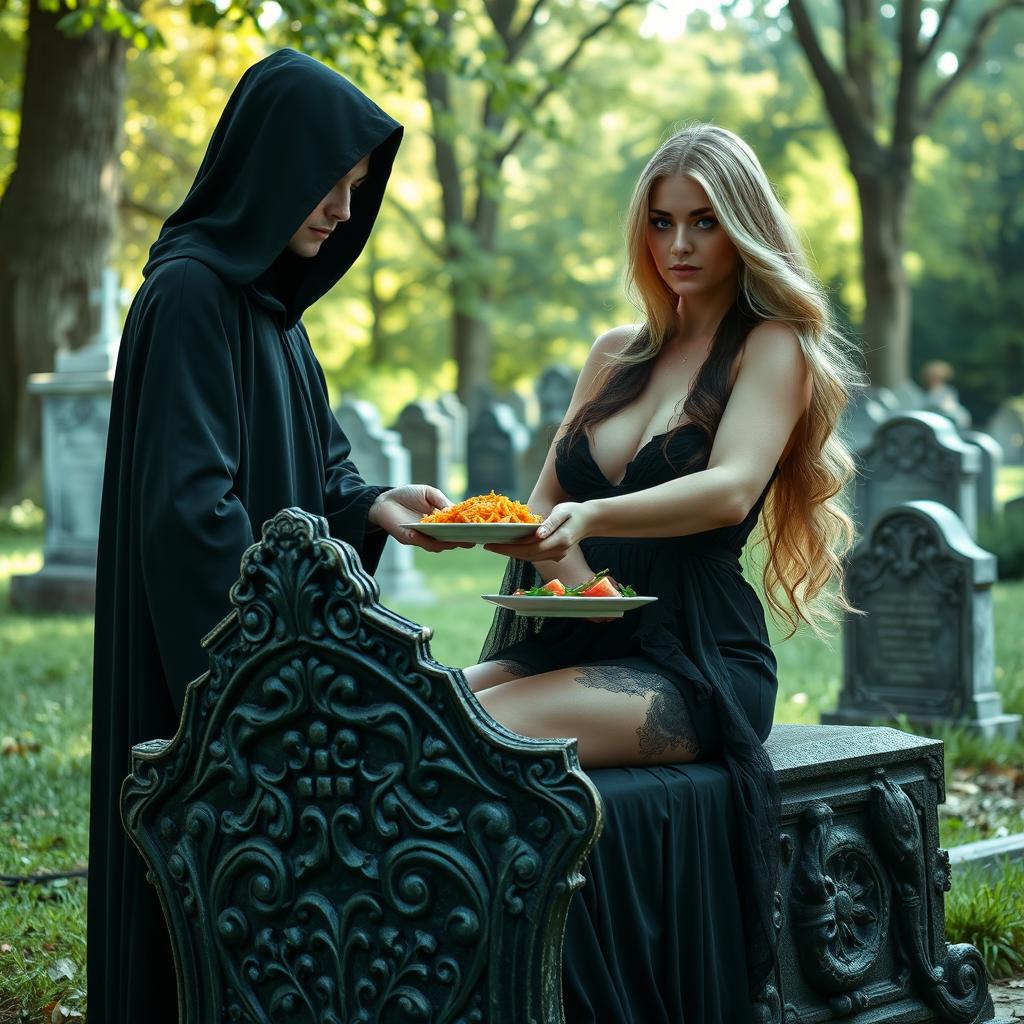 A beautiful, innocent dark-haired woman with striking crystal blue eyes is sitting gracefully on an intricately carved tombstone in a tranquil cemetery