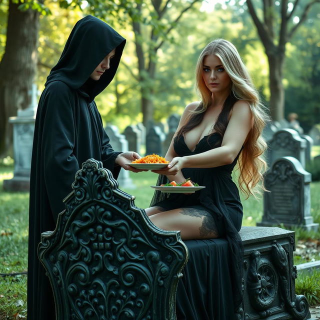 A beautiful, innocent dark-haired woman with striking crystal blue eyes is sitting gracefully on an intricately carved tombstone in a tranquil cemetery