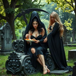 A beautiful, innocent dark-haired woman with striking crystal blue eyes is sitting gracefully on an intricately carved tombstone in a tranquil cemetery