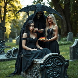 A beautiful, innocent dark-haired woman with striking crystal blue eyes is sitting gracefully on an intricately carved tombstone in a tranquil cemetery