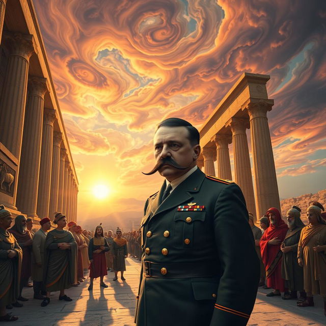 A surrealistic artwork depicting a fictional scene where Adolf Hitler appears in the city of Persepolis, blending elements of ancient Persian architecture with an imaginative twist