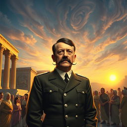 A surrealistic artwork depicting a fictional scene where Adolf Hitler appears in the city of Persepolis, blending elements of ancient Persian architecture with an imaginative twist