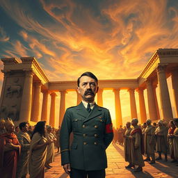 A surrealistic artwork depicting a fictional scene where Adolf Hitler appears in the city of Persepolis, blending elements of ancient Persian architecture with an imaginative twist