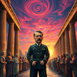 A surrealistic artwork depicting a fictional scene where Adolf Hitler appears in the city of Persepolis, blending elements of ancient Persian architecture with an imaginative twist