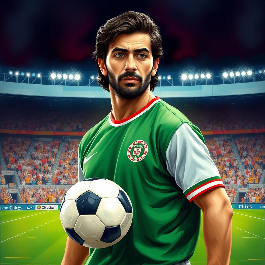 A portrait of Ali Karimi, an Iranian football legend, showcasing his iconic features such as his well-groomed hair and expressive eyes