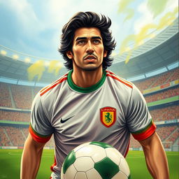 A portrait of Ali Karimi, an Iranian football legend, showcasing his iconic features such as his well-groomed hair and expressive eyes