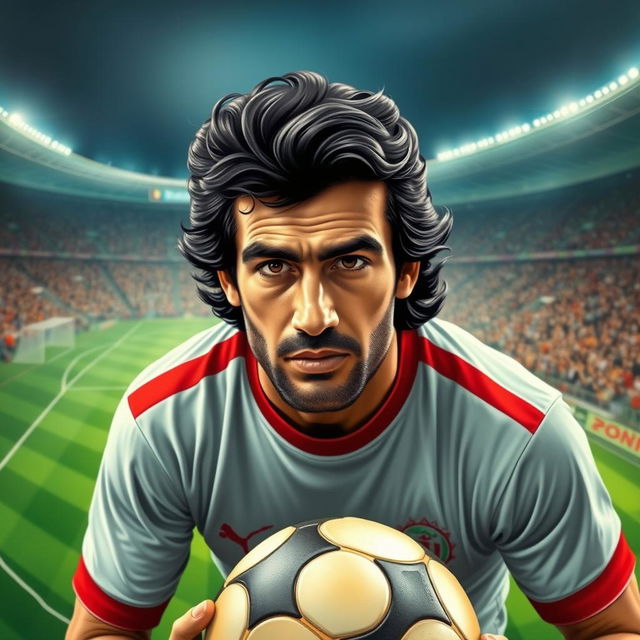 A portrait of Ali Karimi, an Iranian football legend, showcasing his iconic features such as his well-groomed hair and expressive eyes