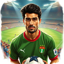A portrait of Ali Karimi, an Iranian football legend, showcasing his iconic features such as his well-groomed hair and expressive eyes
