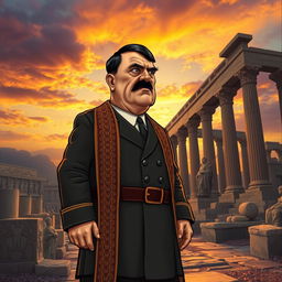 A surrealistic depiction of Adolf Hitler, dressed in a traditional Persian outfit, standing amidst the ancient ruins of Persepolis