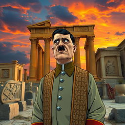 A surrealistic depiction of Adolf Hitler, dressed in a traditional Persian outfit, standing amidst the ancient ruins of Persepolis