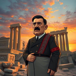 A surrealistic depiction of Adolf Hitler, dressed in a traditional Persian outfit, standing amidst the ancient ruins of Persepolis