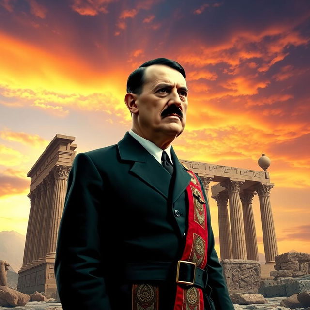 A surrealistic depiction of Adolf Hitler, dressed in a traditional Persian outfit, standing amidst the ancient ruins of Persepolis