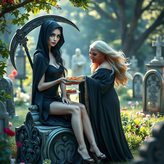 A beautiful, innocent dark-haired woman with stunning crystal blue eyes is gracefully seated on a decorative tombstone in a serene cemetery