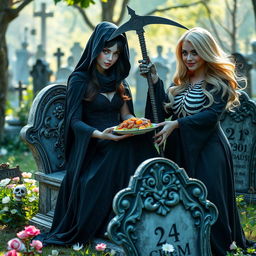 A beautiful, innocent dark-haired woman with stunning crystal blue eyes is gracefully seated on a decorative tombstone in a serene cemetery