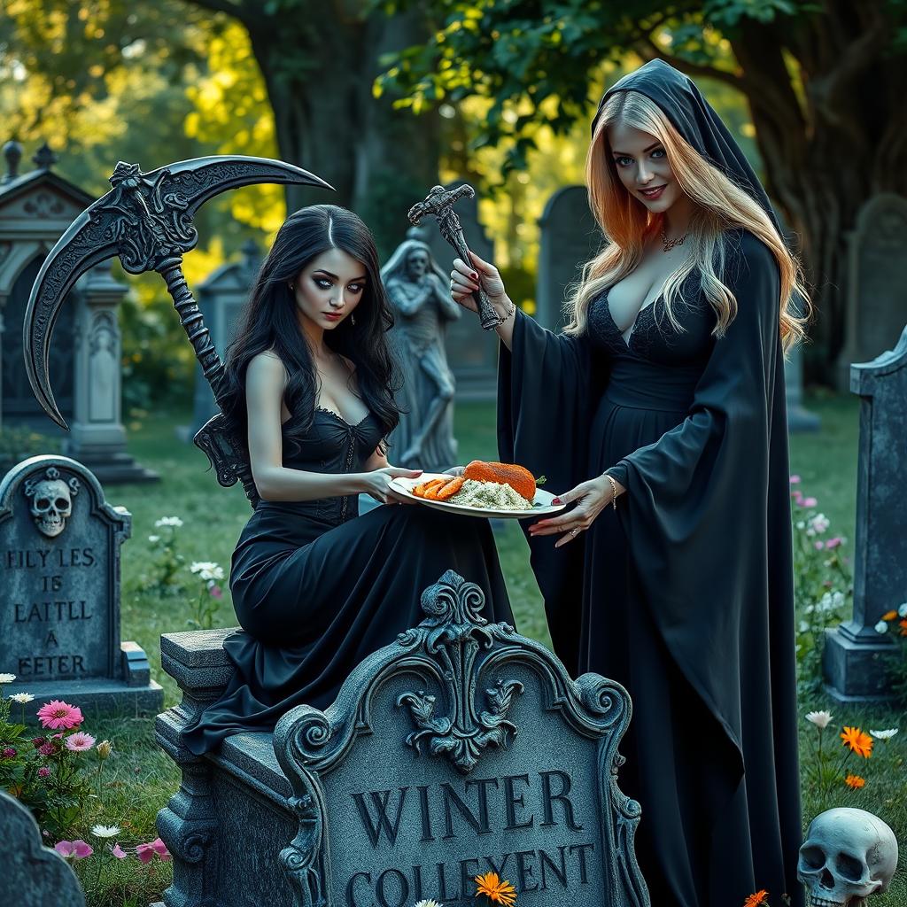 A beautiful, innocent dark-haired woman with stunning crystal blue eyes is gracefully seated on a decorative tombstone in a serene cemetery