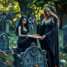 A beautiful, innocent dark-haired woman with stunning crystal blue eyes is gracefully seated on a decorative tombstone in a serene cemetery
