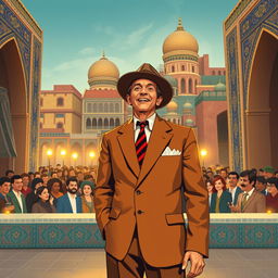 A stylized image of Frank Sinatra, dressed in a classic 1960s suit, standing in a picturesque setting in Iran
