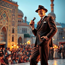 A stylized image of Frank Sinatra, dressed in a classic 1960s suit, standing in a picturesque setting in Iran