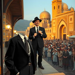 A stylized image of Frank Sinatra, dressed in a classic 1960s suit, standing in a picturesque setting in Iran