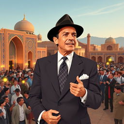 A stylized image of Frank Sinatra, dressed in a classic 1960s suit, standing in a picturesque setting in Iran