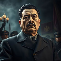 A highly detailed and expressive portrait of a historical figure resembling a commanding and controversial leader from the early 20th century