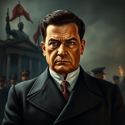 A highly detailed and expressive portrait of a historical figure resembling a commanding and controversial leader from the early 20th century